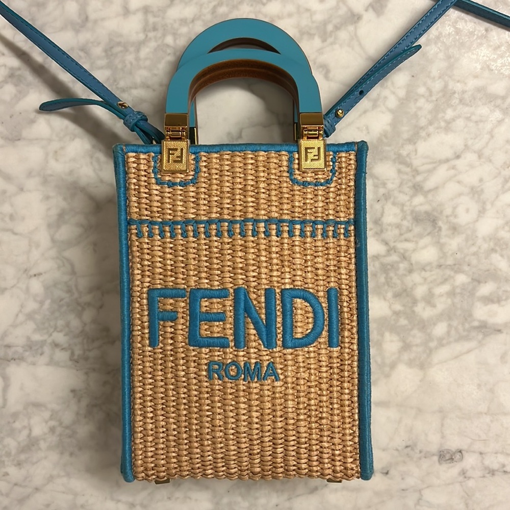 Fendi Sunshine Mini Straw Shoulder Bag Natural Blue - Picture 7 of 14